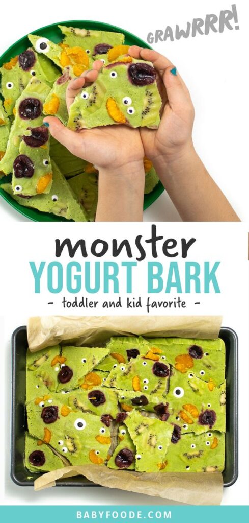 Monster Yogurt Bark || 15 Healthy Halloween Treats Toddlers Will Love; Looking for healthy Halloween snacks for kids? Here are many favourite healthy halloween recipes for toddlers!