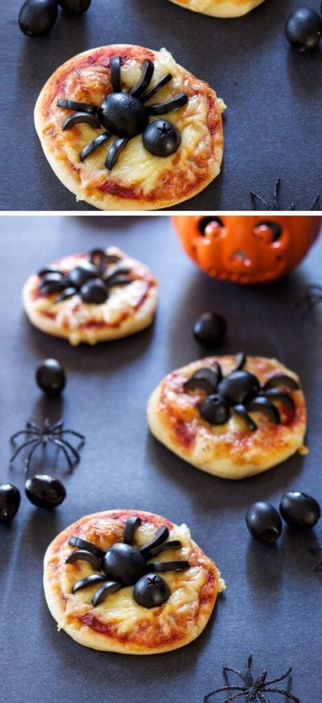 Mini Spider Pizzas || 15 Healthy Halloween Treats Toddlers Will Love; Looking for healthy Halloween snacks for kids? Here are many favourite healthy halloween recipes for toddlers!