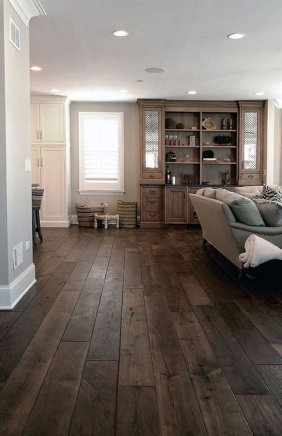20 BEST Modern Farmhouse Flooring Ideas; living room dark hardwood flooring