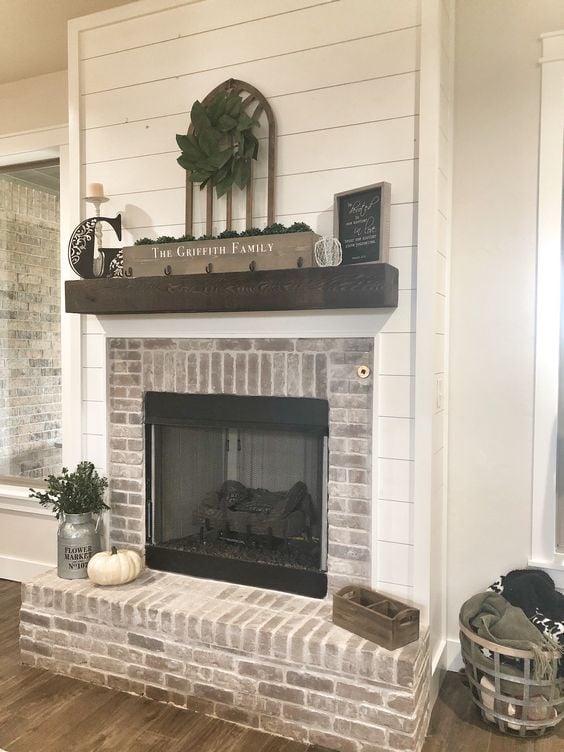 Fireplace with White Shiplap with Exposed Brick