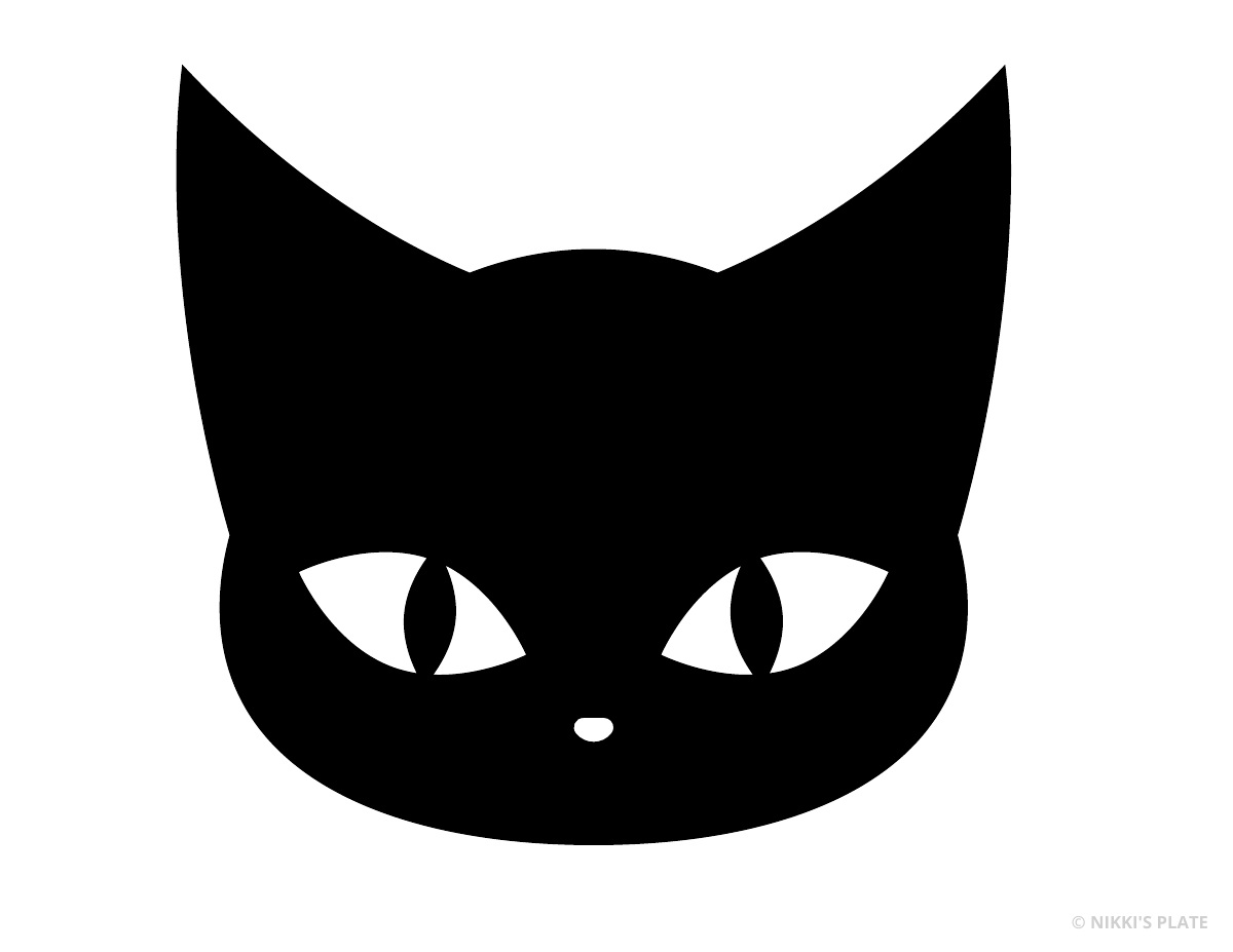 Bold black cat face with pointed ears and almond-shaped eyes printable pumpkin stencil.