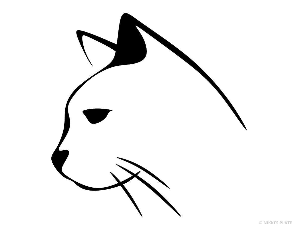 Side-profile cat face with pointed ears and whiskers printable pumpkin stencil.