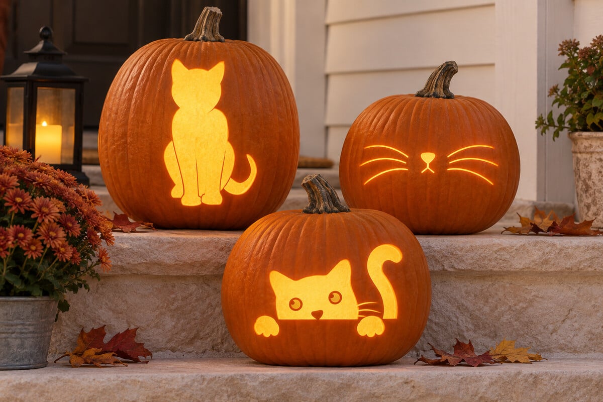 Three glowing cat pumpkins with a black cat silhouette, whiskered face and peeking kitten design.