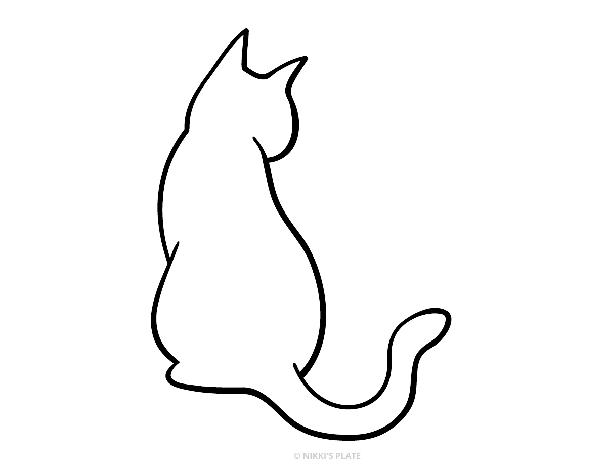 Sitting cat with a curled tail printable pumpkin stencil outline.