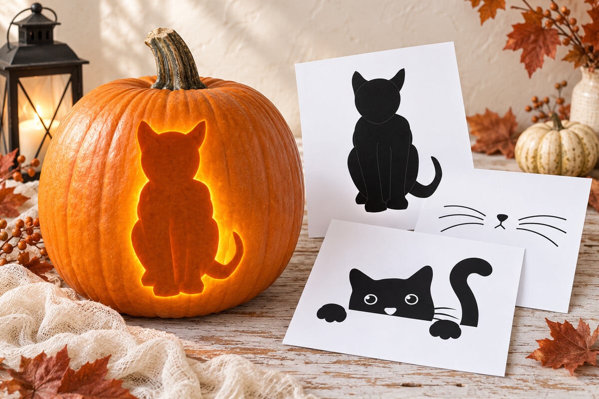 Glowing cat jack-o-lantern beside printable cat pumpkin carving patterns on a bright farmhouse table.