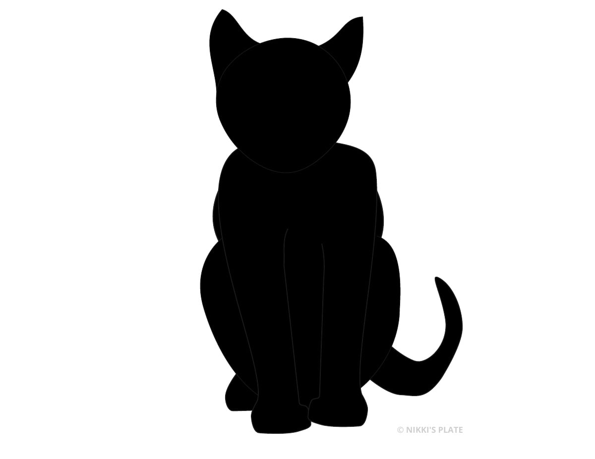 Front-facing black cat silhouette printable pumpkin stencil.