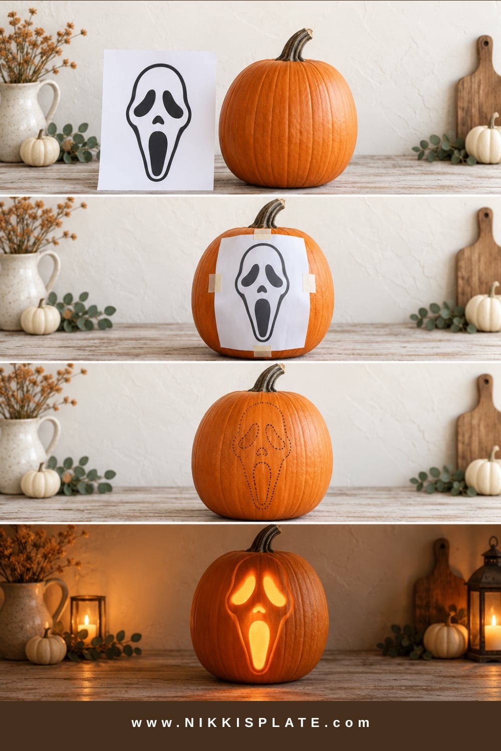 Steps for transferring, carving and etching a printable Scream pumpkin stencil.