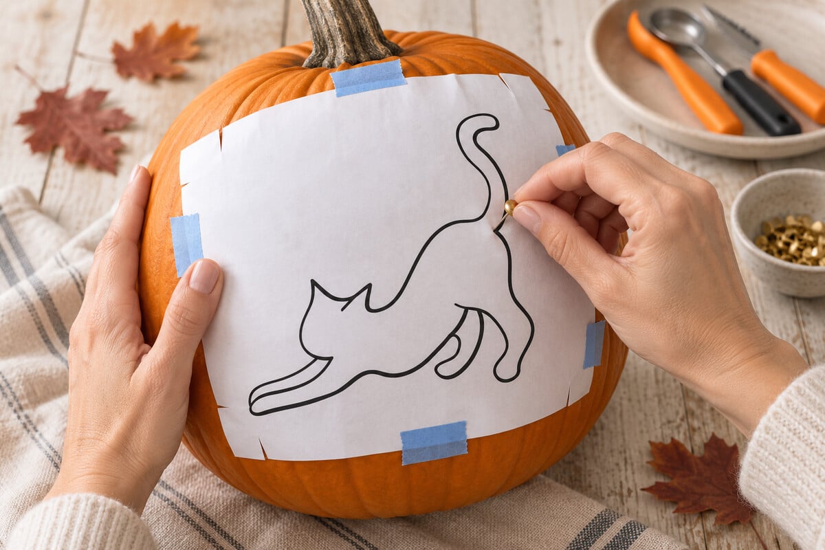 Hands transferring a stretching cat stencil onto a pumpkin with a pushpin and painter tape.
