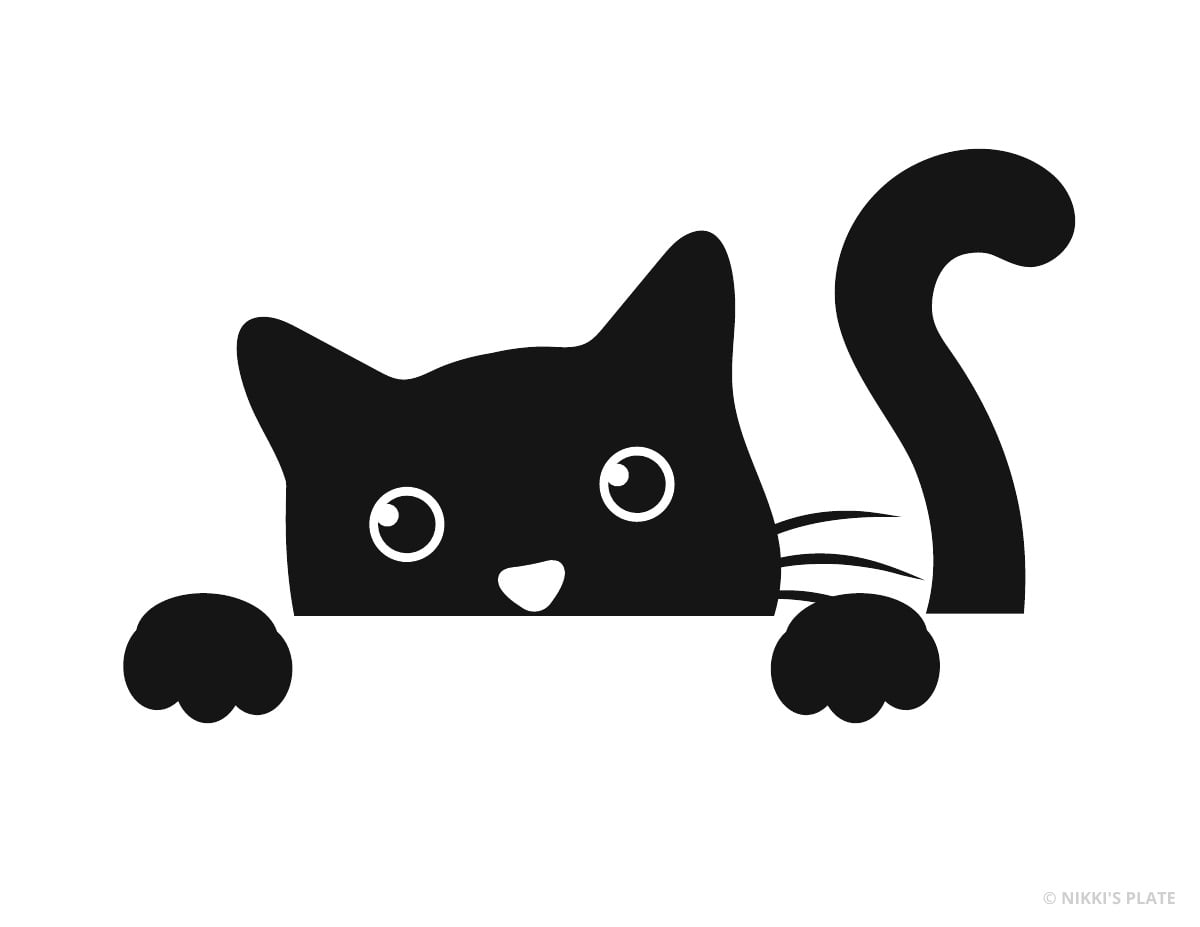 Kitten peeking over an edge with paws and curled tail printable pumpkin stencil.