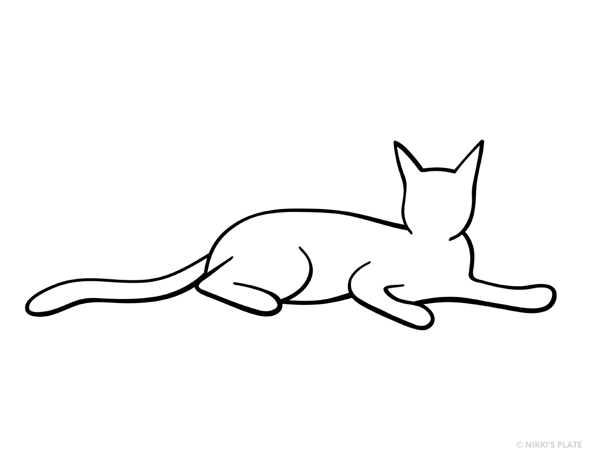 Lounging cat with extended tail printable pumpkin carving outline.