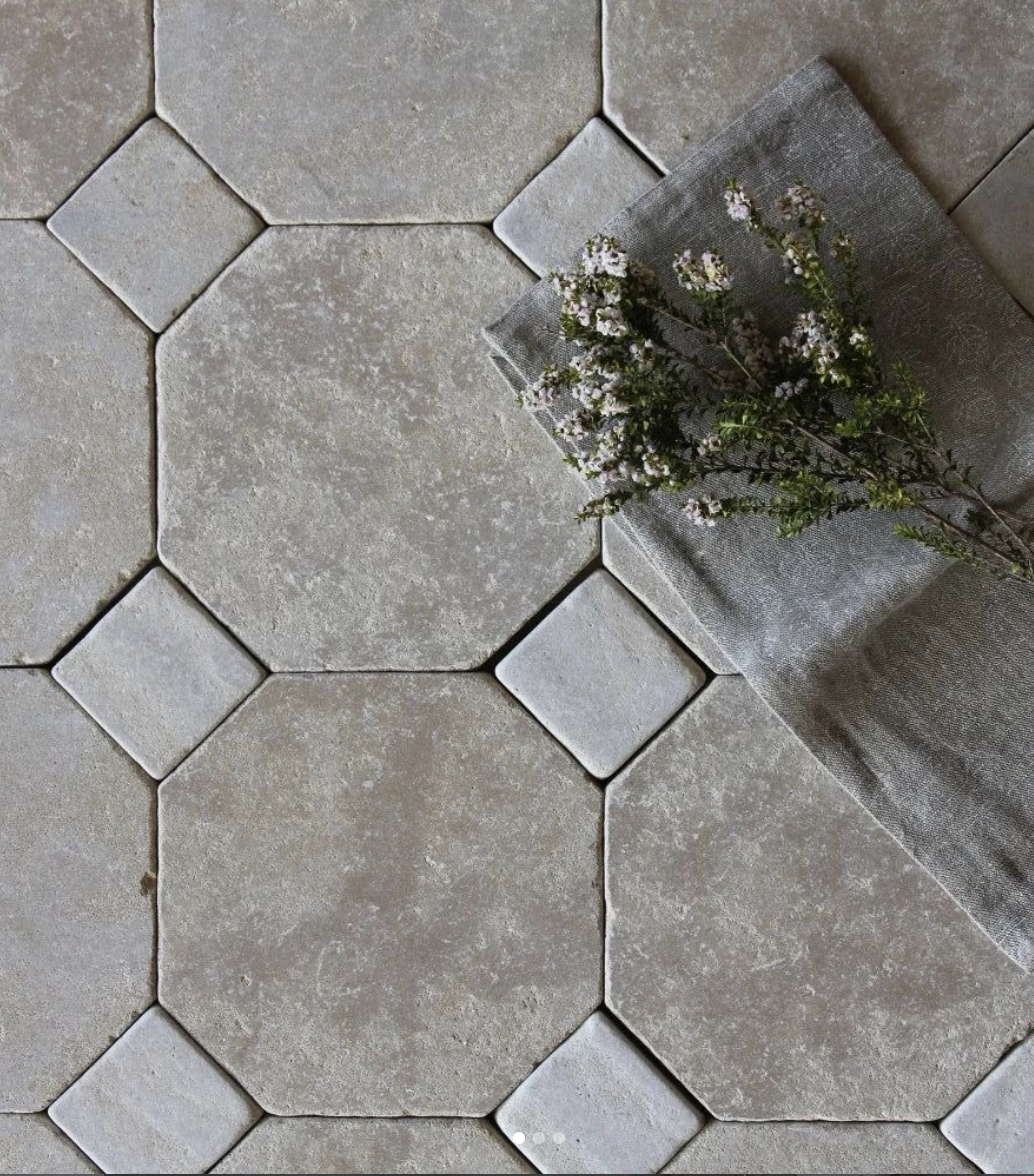 stone look tile flooring with geometric pattern in farmhouse style