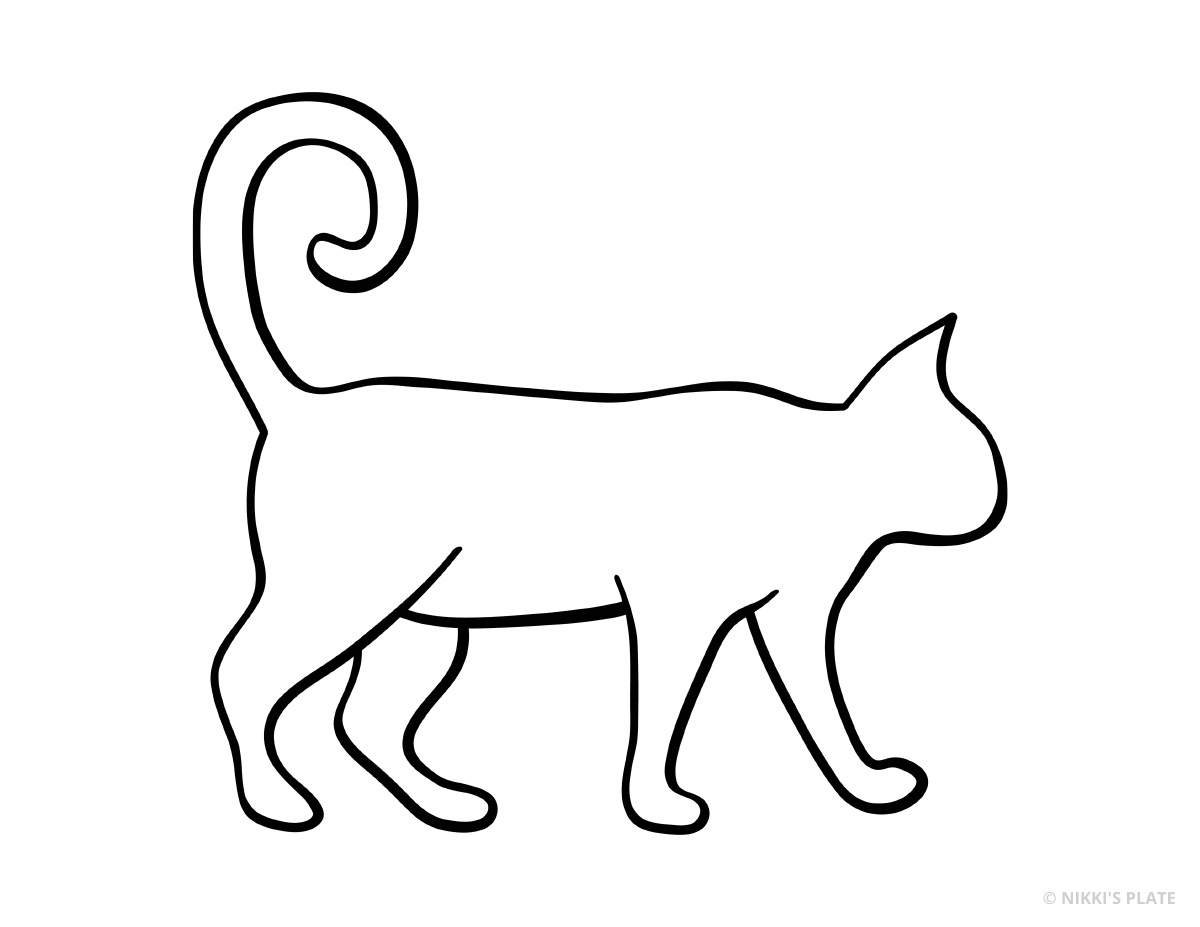 Walking cat with curled tail printable pumpkin stencil outline.