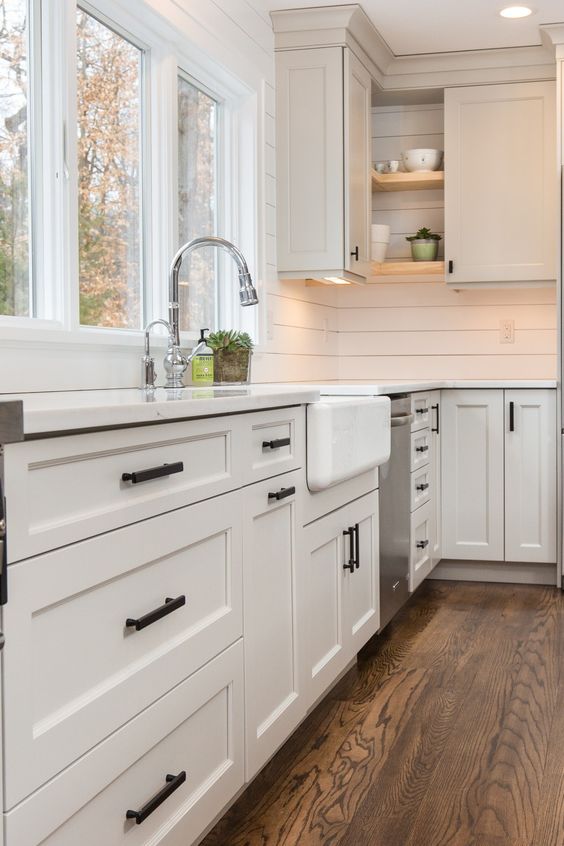 White Cabinets with Black Hardware Kitchen Ideas; white kitchen cabinets with black hardware for a beautifully classic farmhouse kitchen