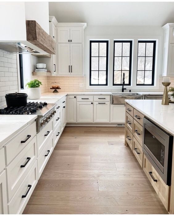 White Cabinets with Black Hardware Kitchen Ideas; white kitchen cabinets with black hardware for a beautifully classic farmhouse kitchen