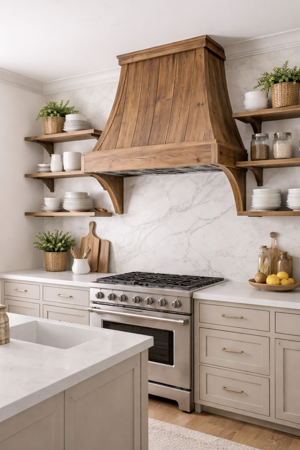 rustic wood farmhouse range hood with marble slab backsplash and open shelving