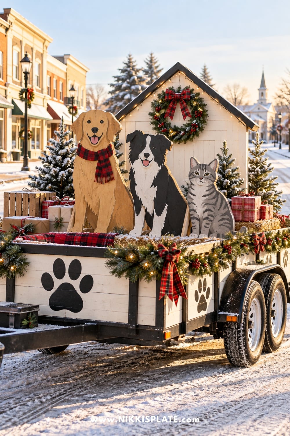 Wooden dog and cat cutouts on an animal shelter float with paw prints and a wreath