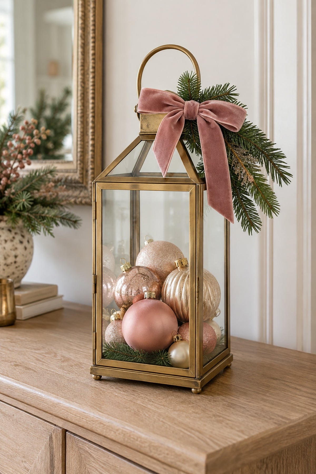 Brass Christmas lantern filled with blush and champagne ornaments, topped with a dusty pink velvet bow and evergreen sprigs.