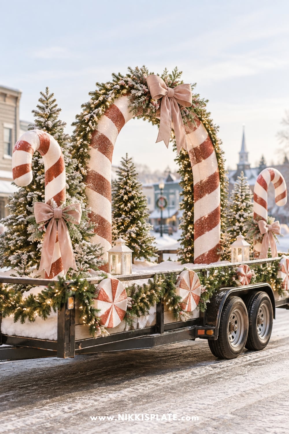 Candy cane arch Christmas float with evergreen trees, blush bows and peppermint decorations