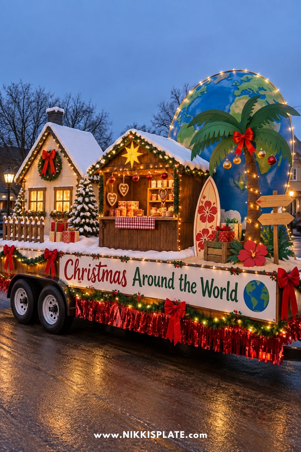 Christmas float with a large globe and three different festive display scenes