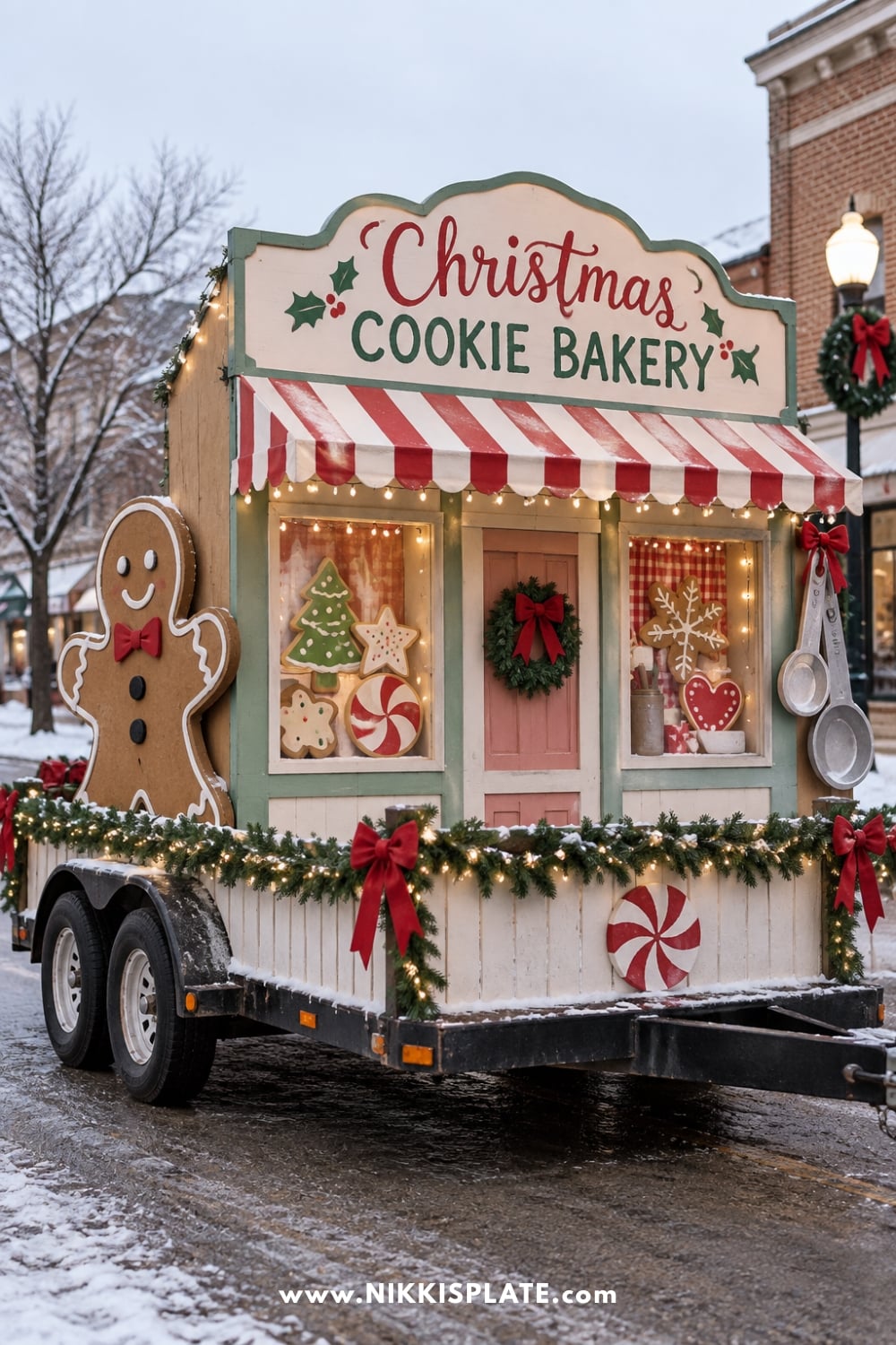 Christmas bakery float with a striped awning and gingerbread cookie cutouts in the window