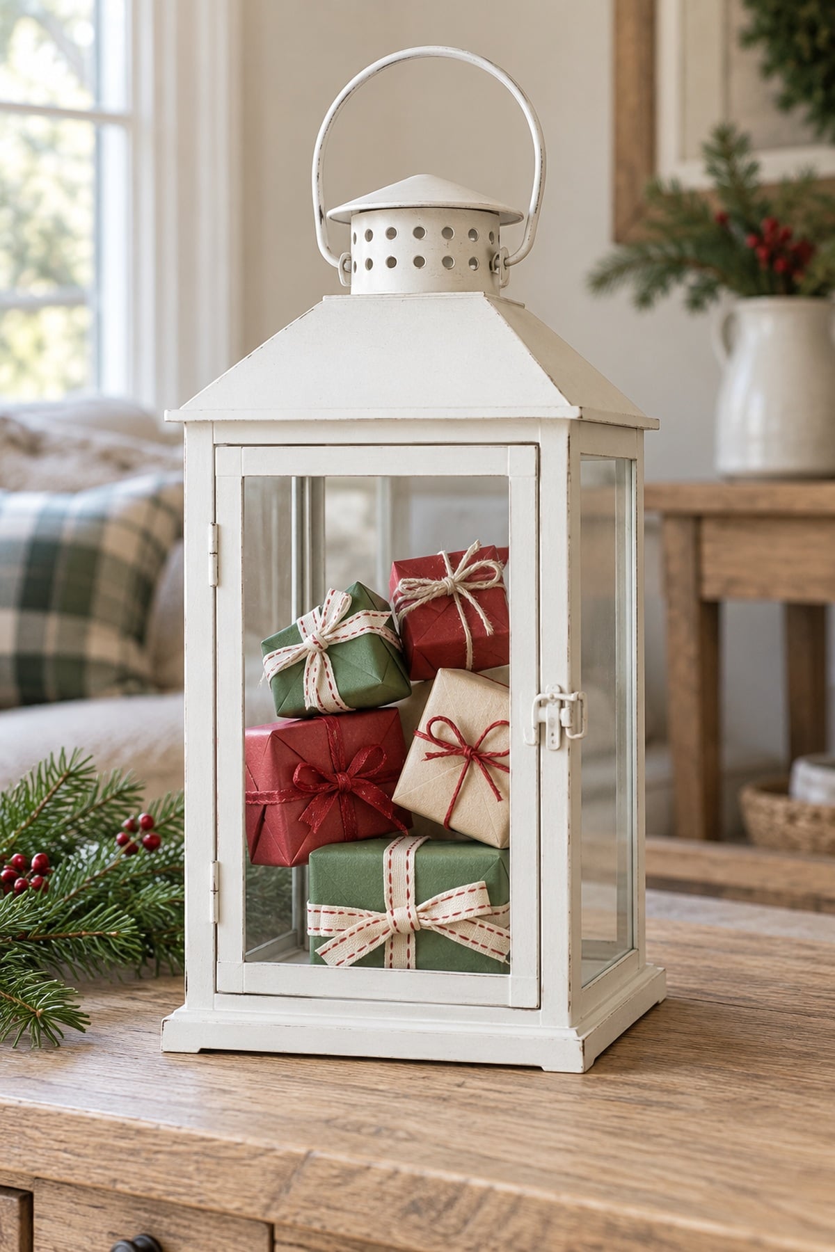 White Christmas lantern filled with miniature red, cream, and green gift boxes tied with ribbon and twine.