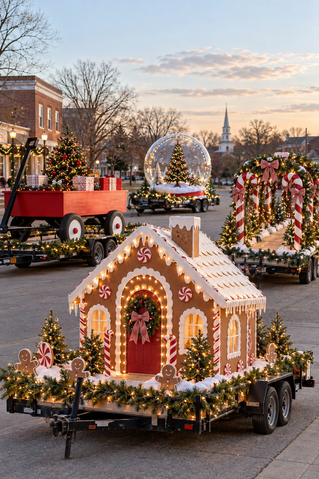 Four Christmas parade floats featuring a gingerbread house, toy wagon, candy cane arch and snow globe display