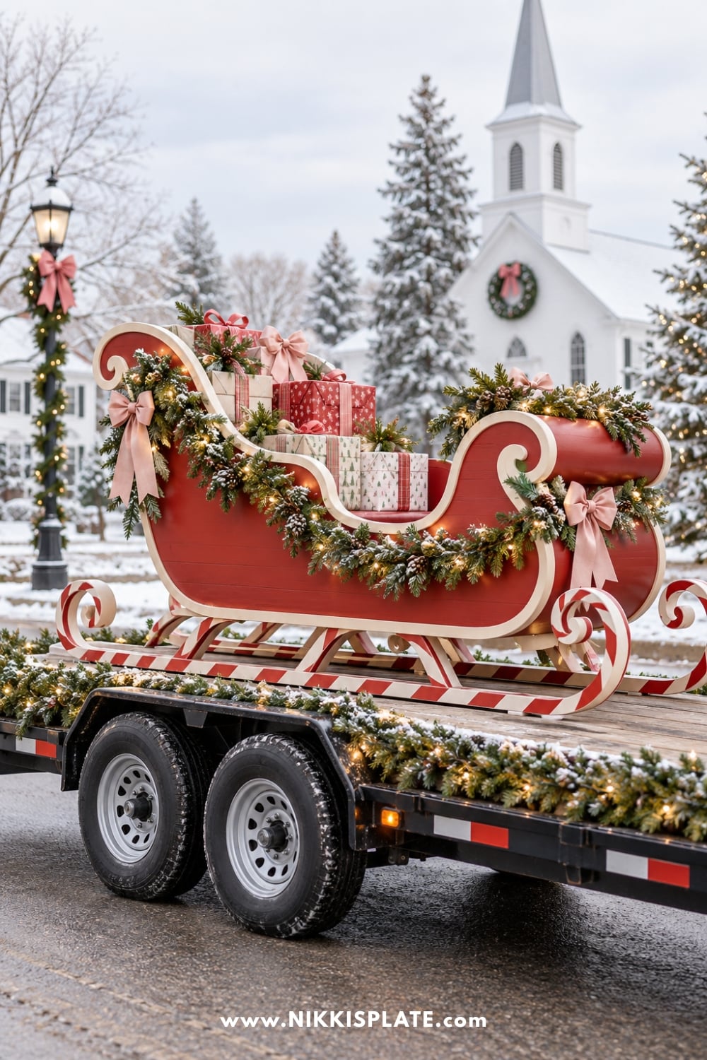 Red Christmas sleigh float with wrapped gifts, greenery and candy cane runners