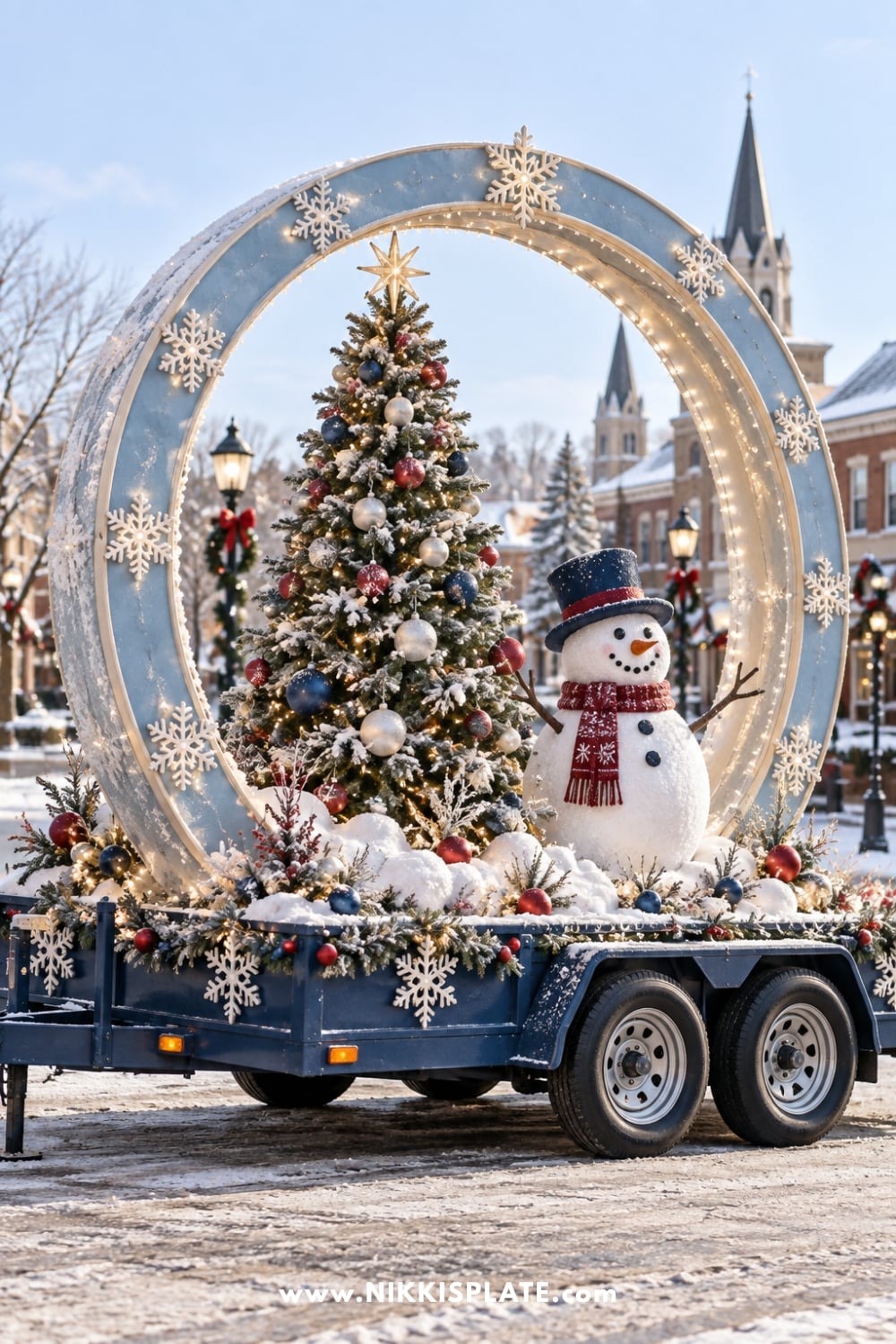 Snow globe inspired float with a Christmas tree and snowman inside a lighted circular frame
