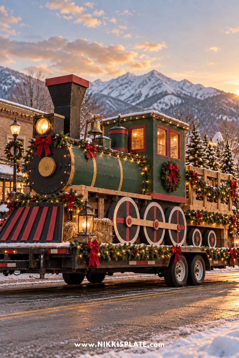 Green Christmas train float with glowing windows and a snowy bridge backdrop