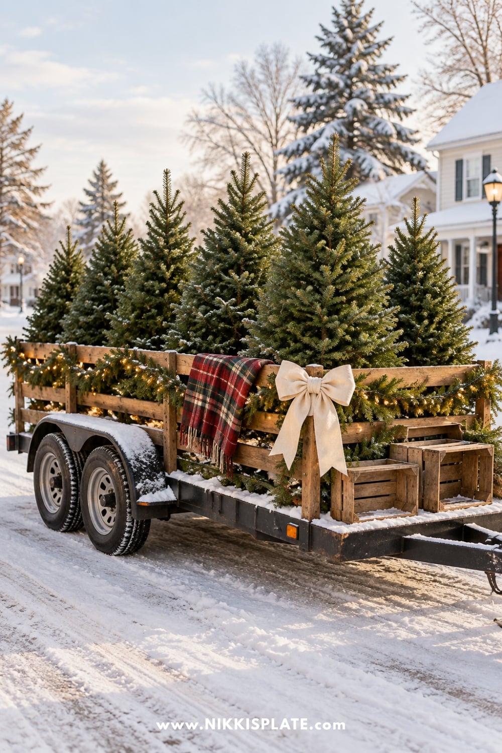 Christmas tree farm float with rows of evergreens, a wooden fence and plaid blanket