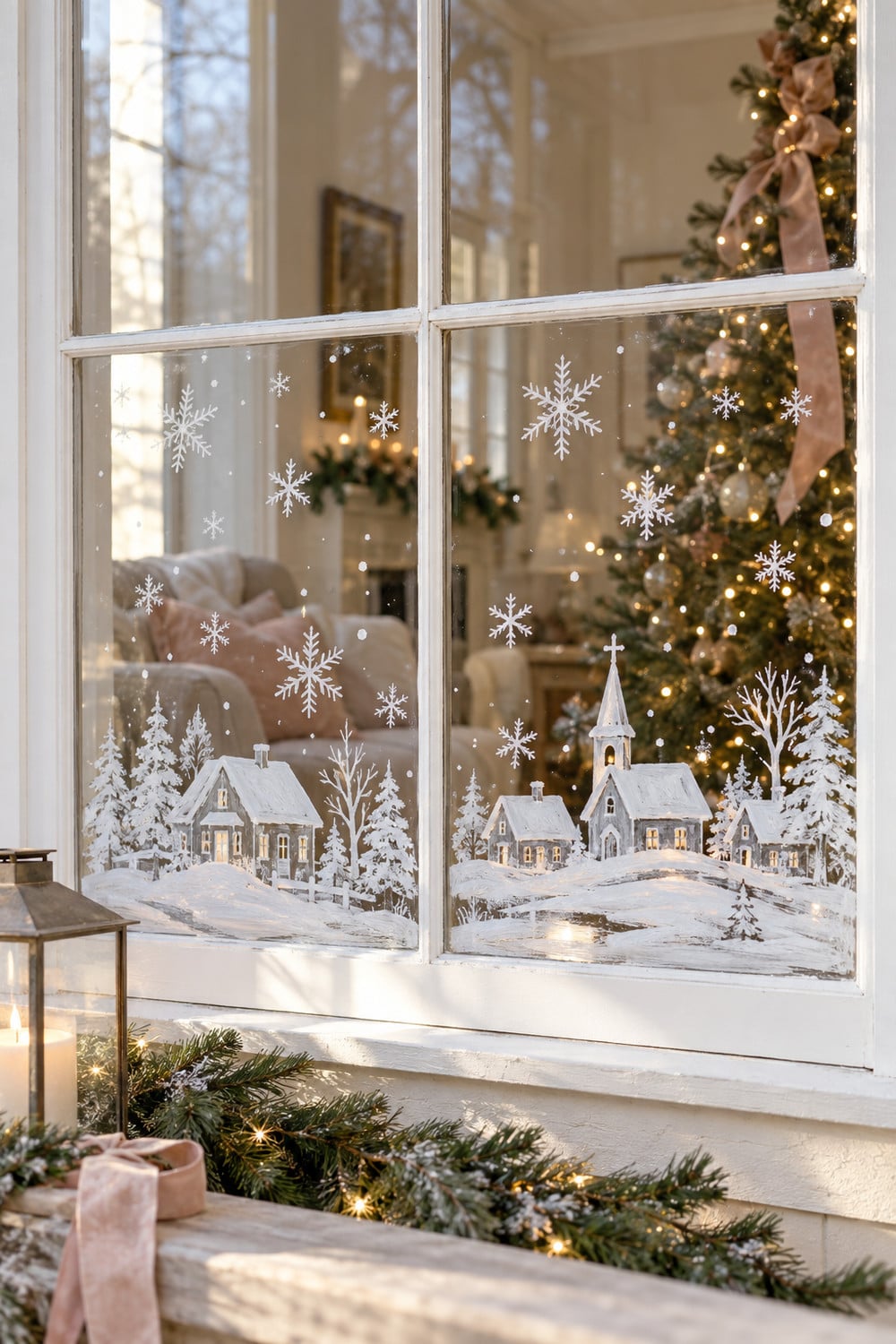White painted village and snowflakes on a Christmas window beside a softly lit tree.