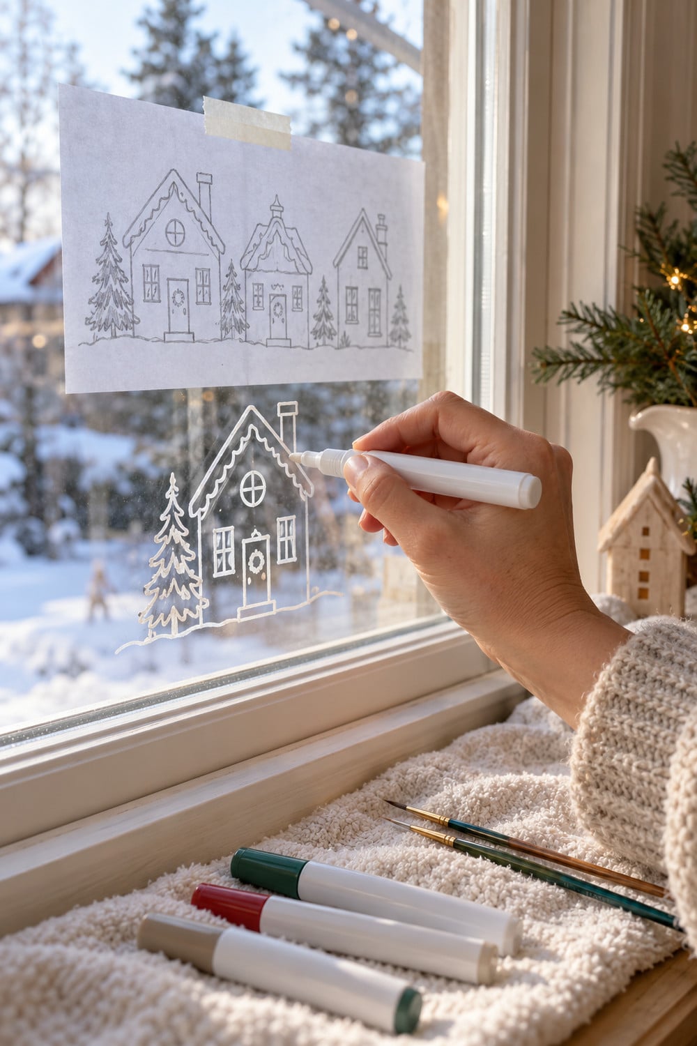 Paper village sketch taped behind glass with washable markers and brushes on the sill.