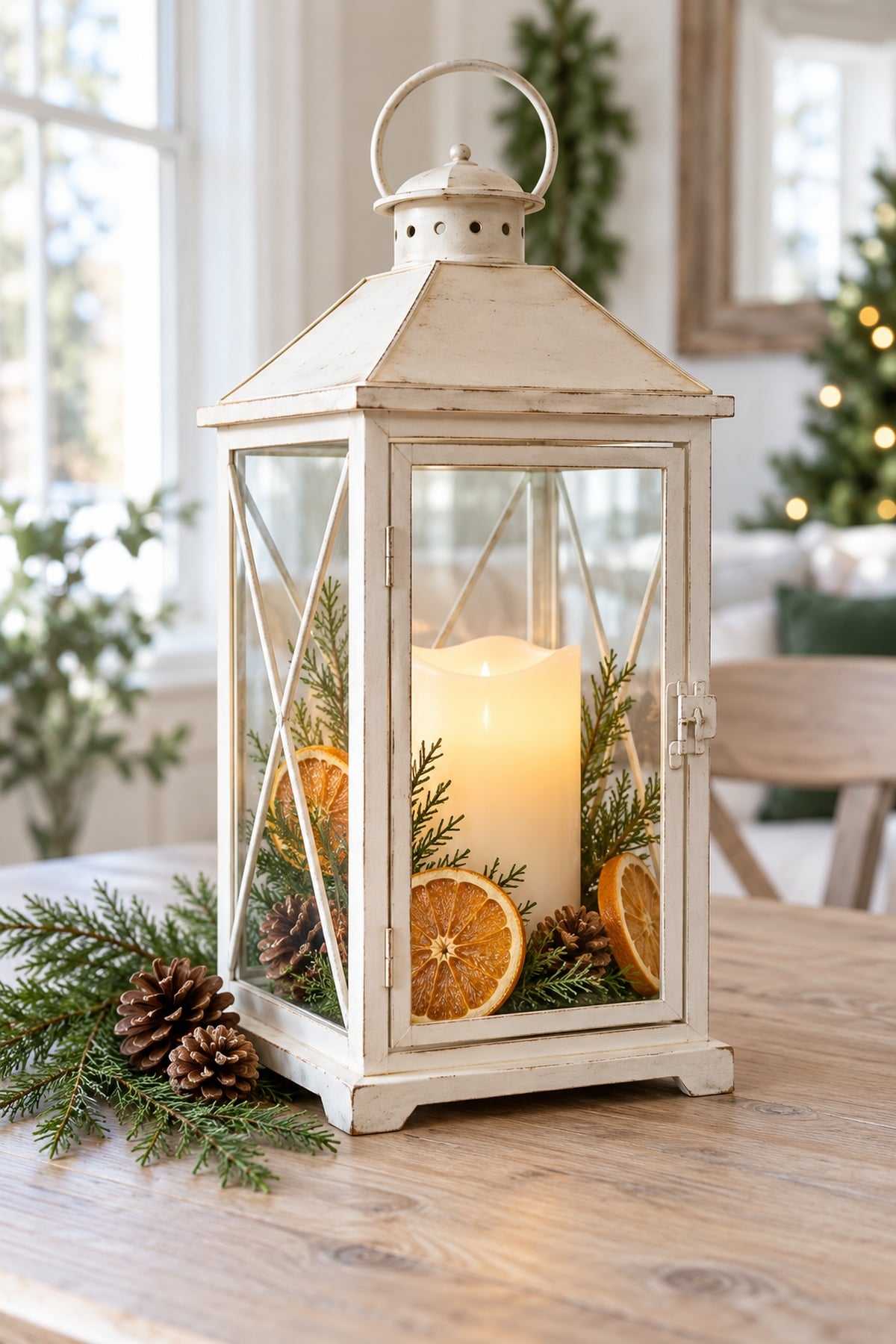 Cream Christmas lantern with a flameless candle and dried orange slices, surrounded by cedar sprigs and pinecones.