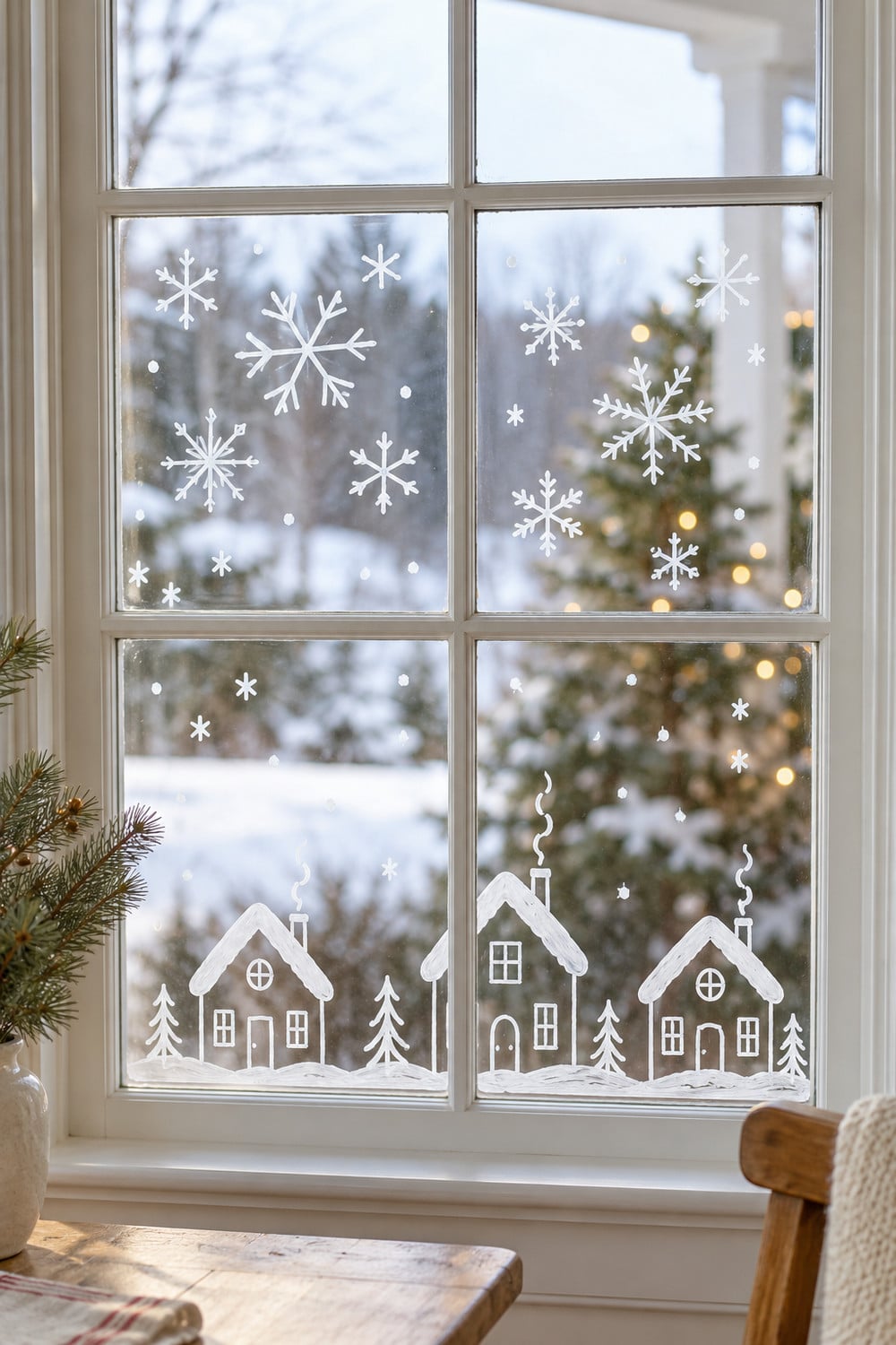 Simple white snowflakes and a small painted village on a Christmas window.