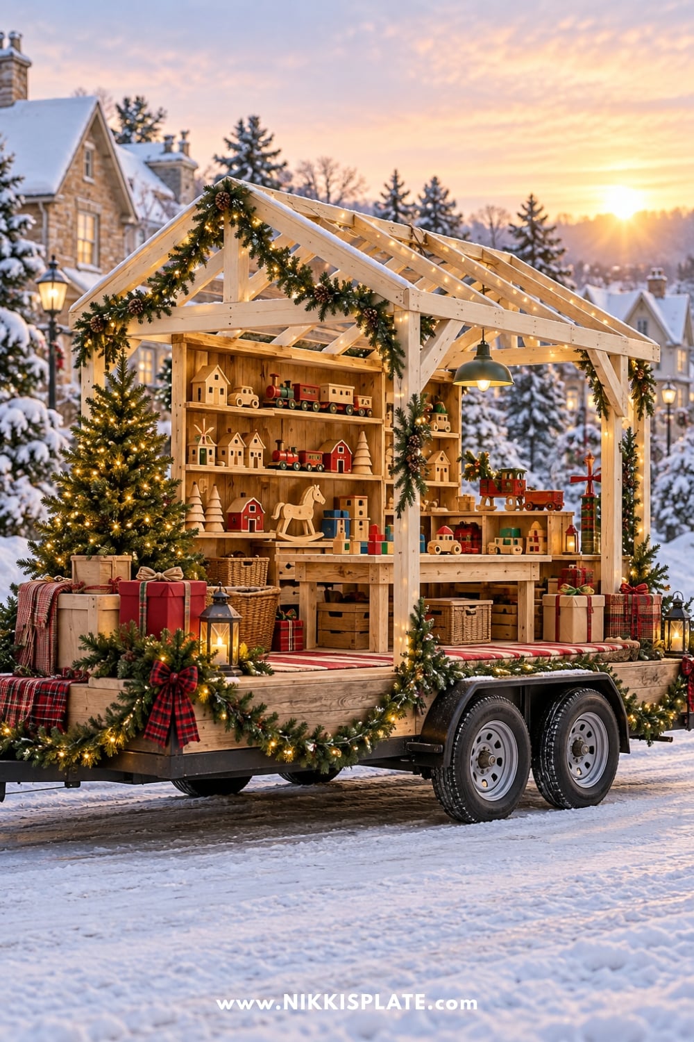 Toy workshop float with wooden toys, wrapped presents and a lighted Christmas tree