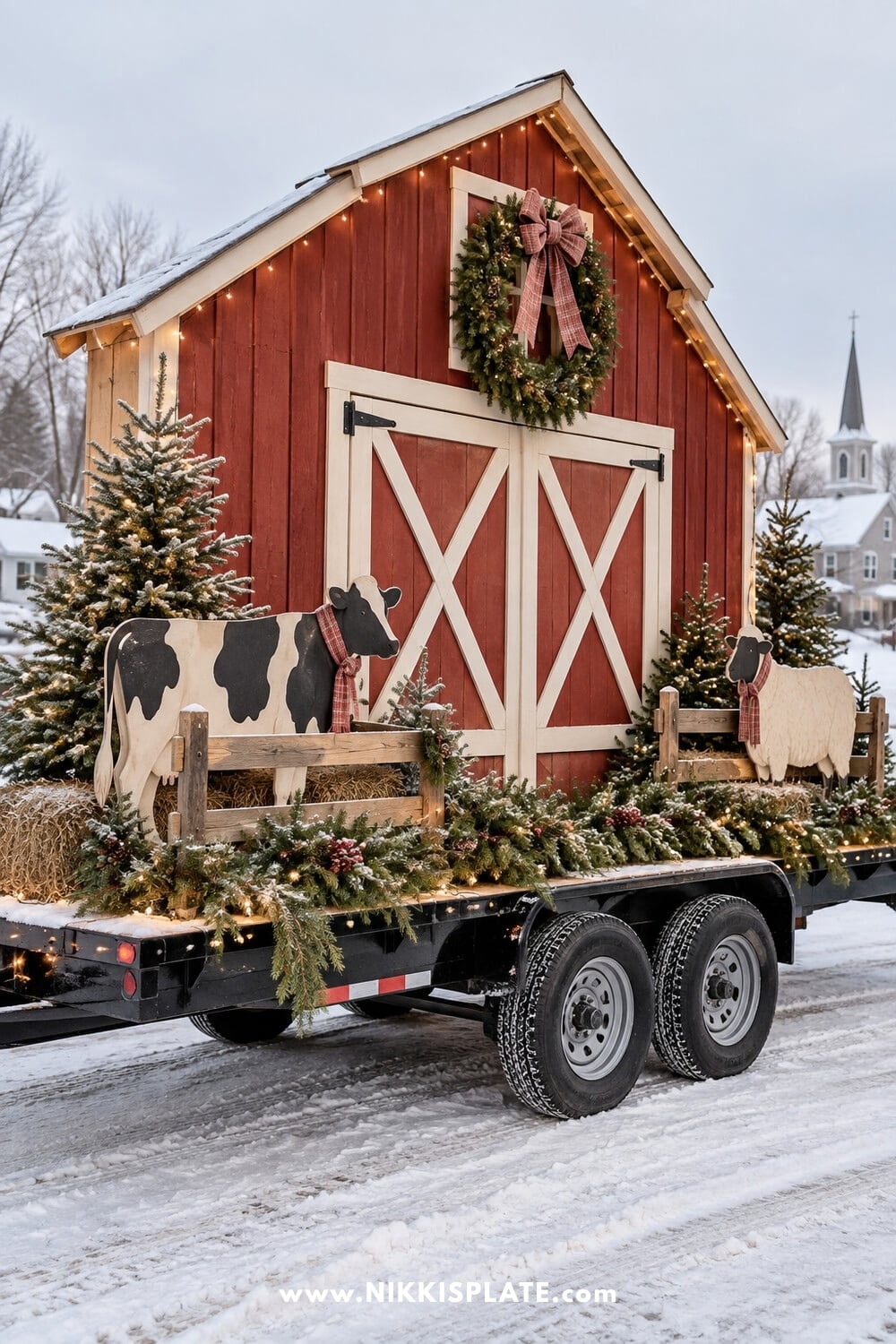Red barn Christmas float with a wreath, evergreen trees and farm animal cutouts
