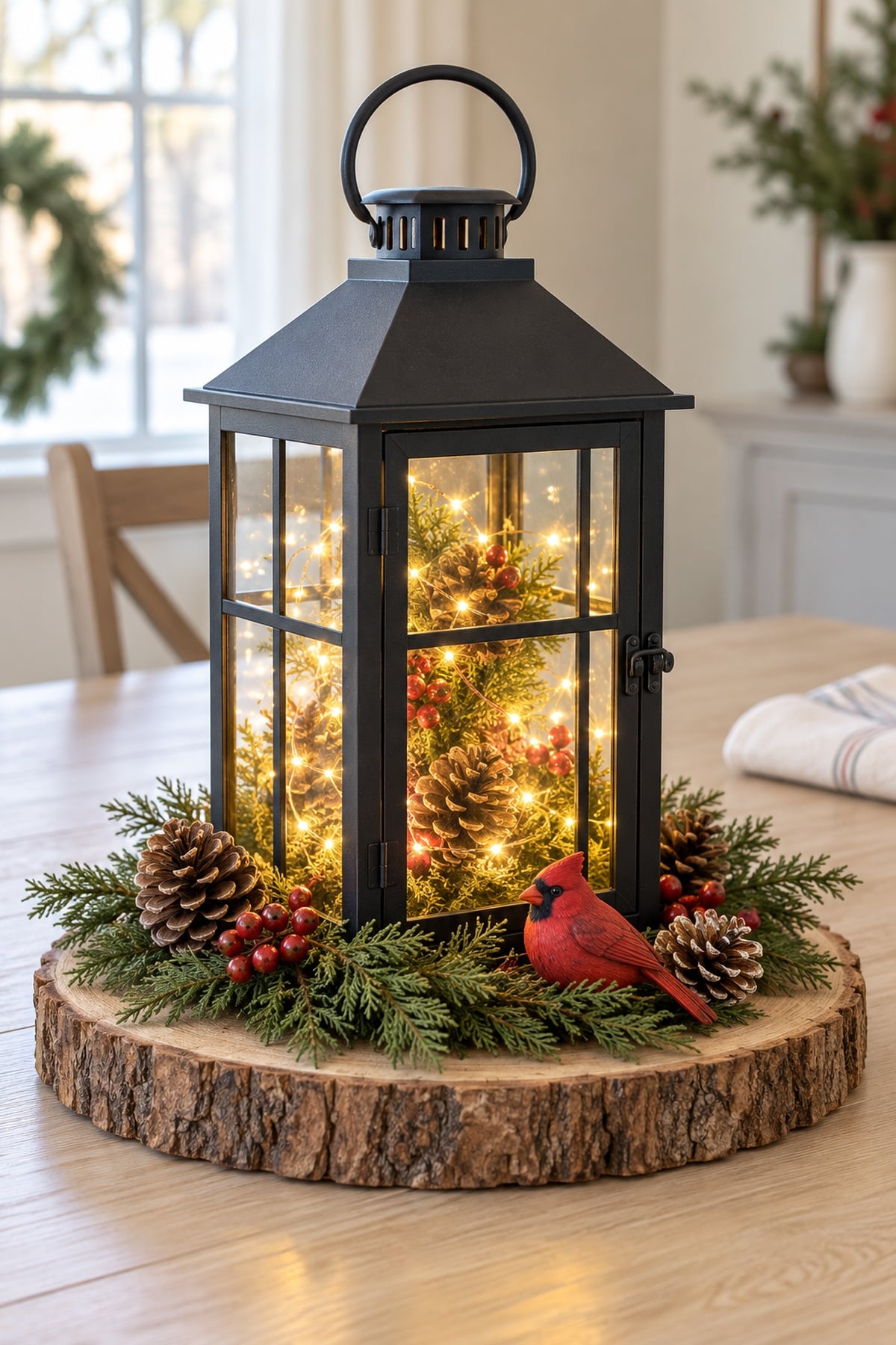 Black Christmas lantern with fairy lights on a wood slice, surrounded by evergreen greenery, pinecones, red berries, and a cardinal ornament.