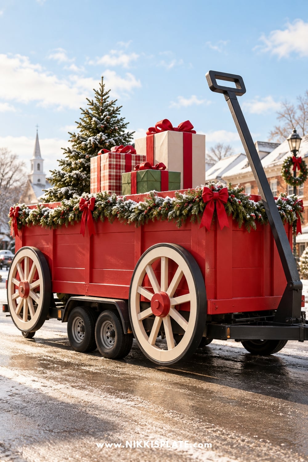 Giant red toy wagon float filled with wrapped presents and a Christmas tree