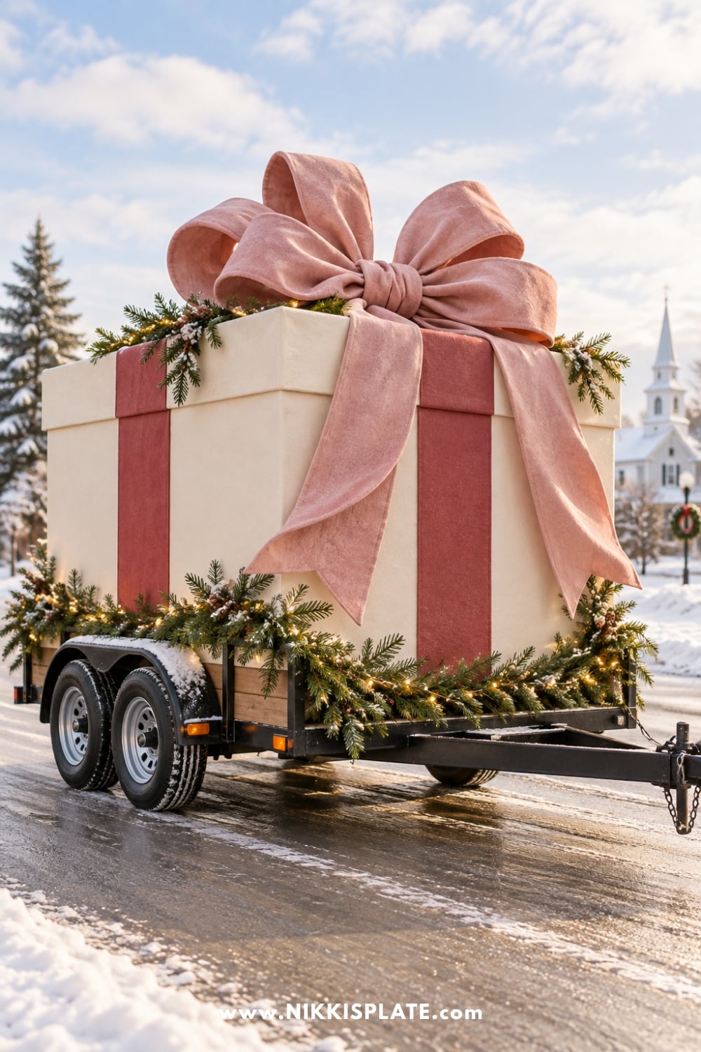 Giant cream gift box float with a large blush bow and evergreen garland