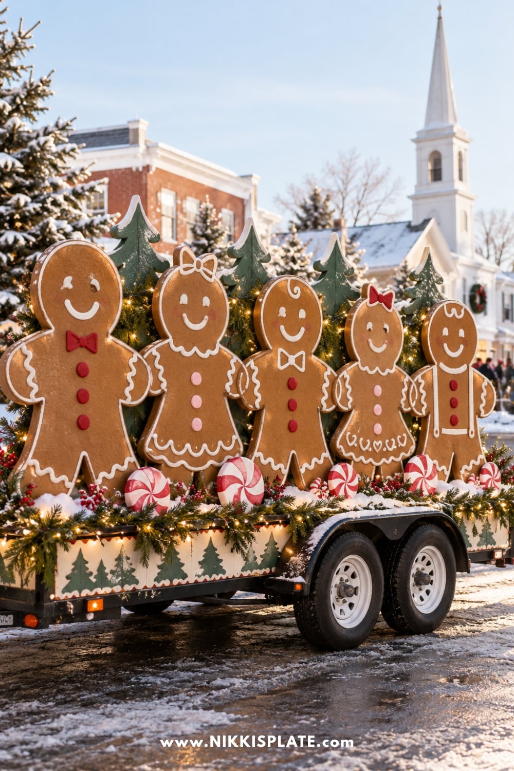 Five gingerbread cookie cutouts with icing details on a Christmas parade float