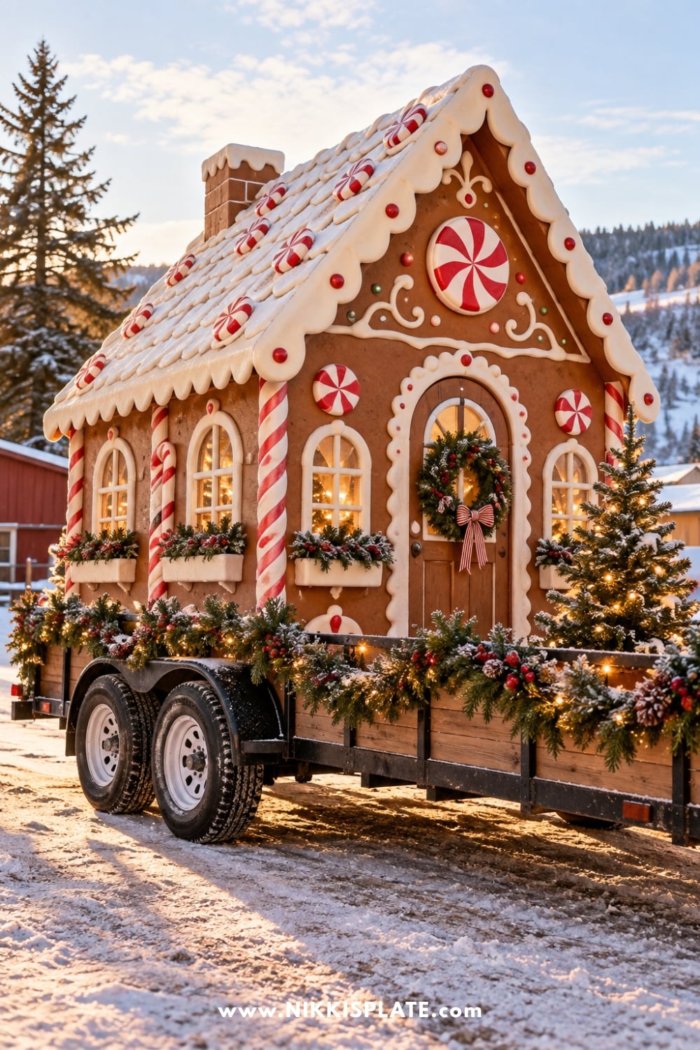 Gingerbread house Christmas float with peppermint decorations and lights on a trailer