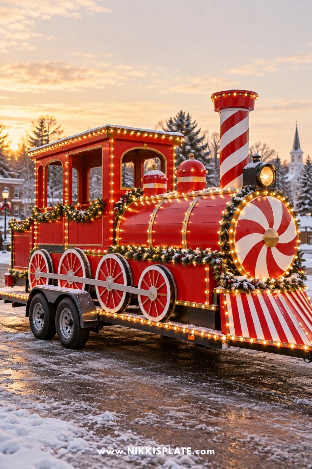 Red Christmas train float with a peppermint front and glowing lights