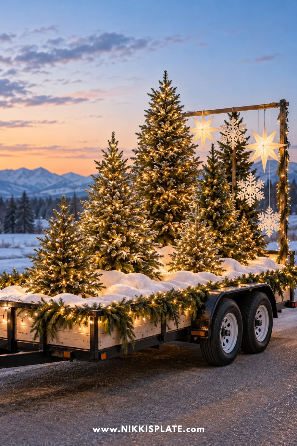 Winter forest float with lighted evergreen trees, hanging stars and faux snow