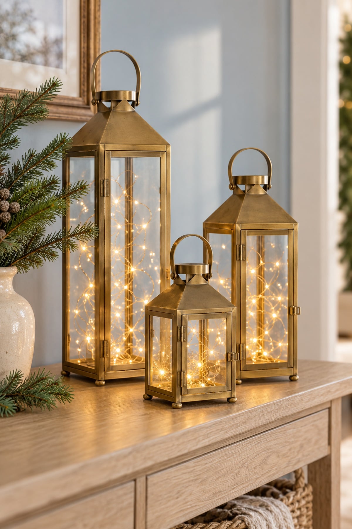 Three brass-toned Christmas lanterns of different heights filled with warm fairy lights on a wooden console table.