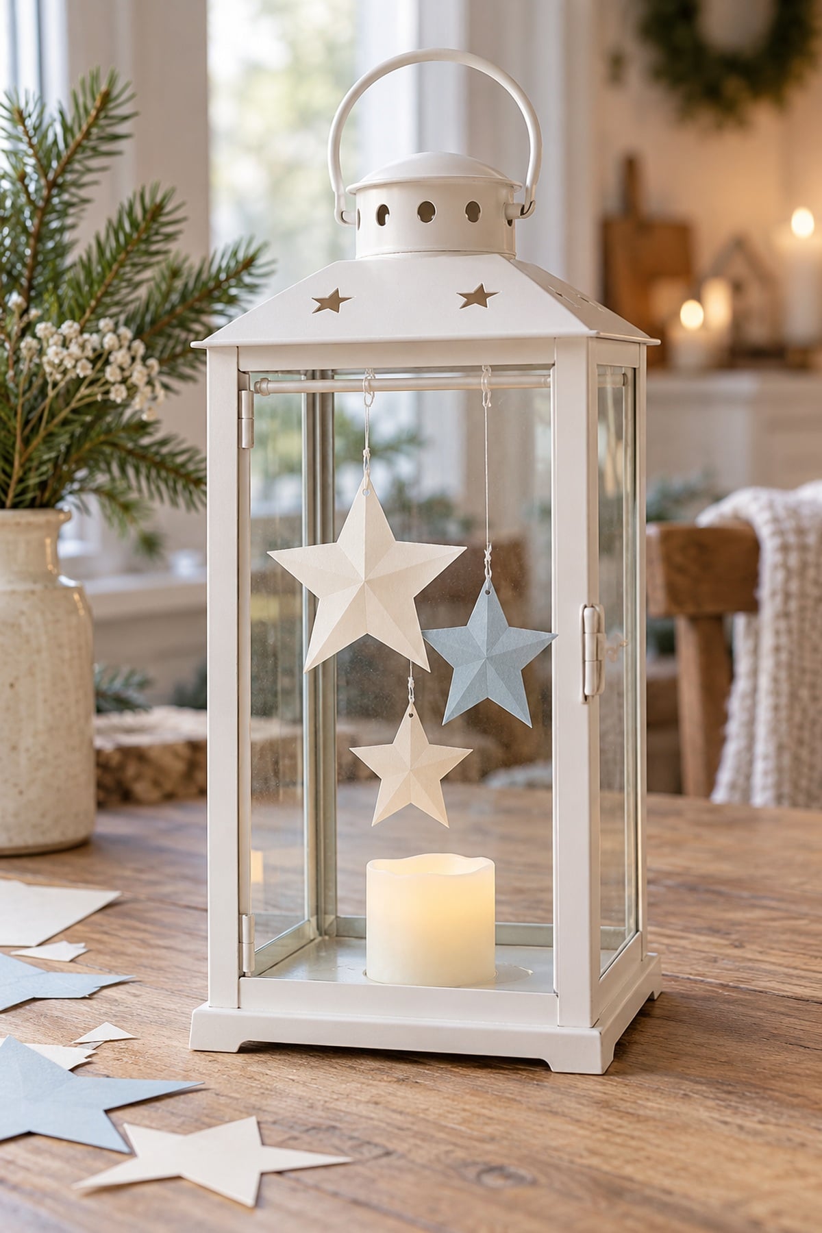 White Christmas lantern with cream and pale blue paper stars suspended above an ivory flameless candle.