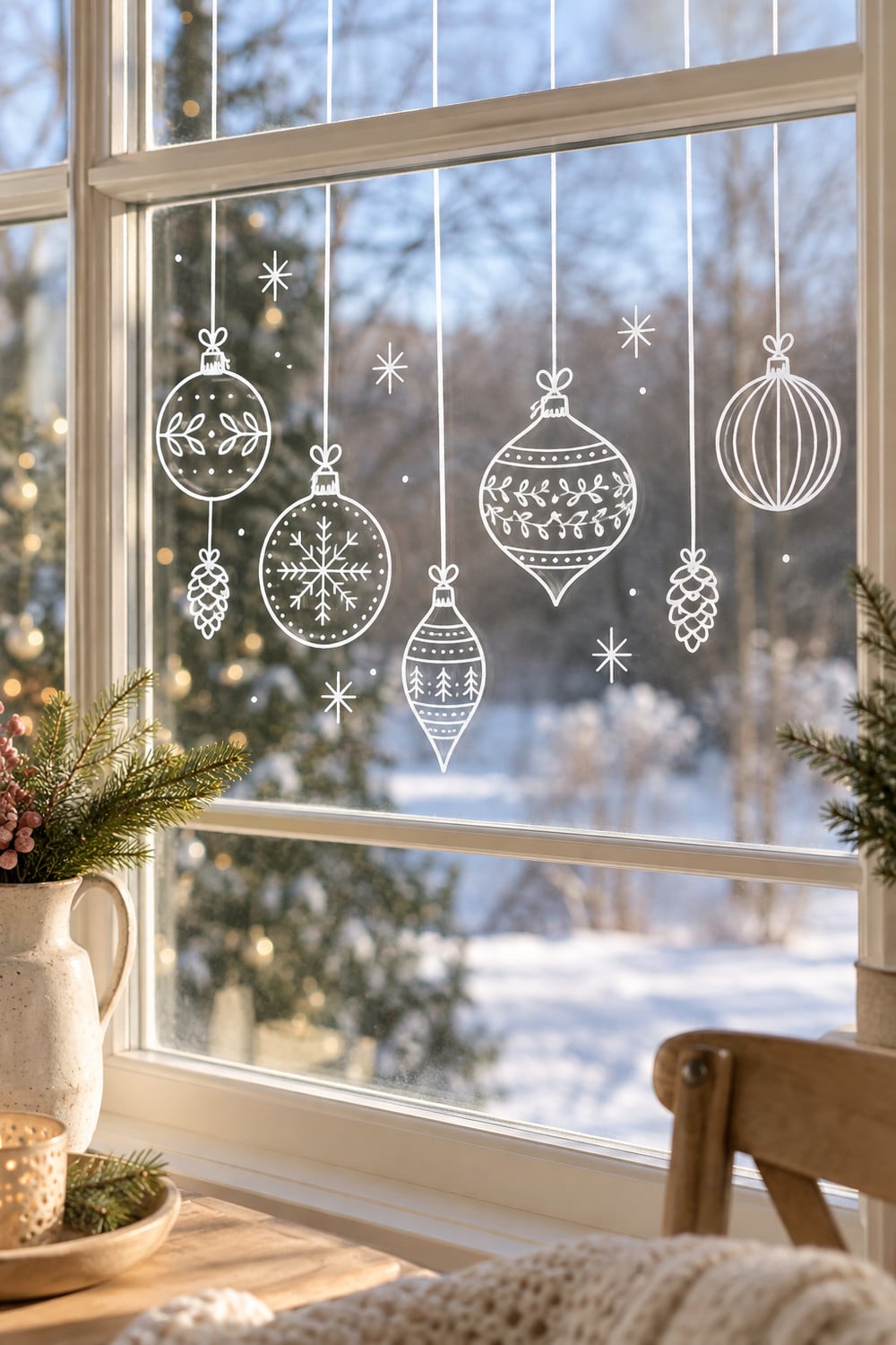 White hanging ornaments, pinecones, and stars drawn on a Christmas window.