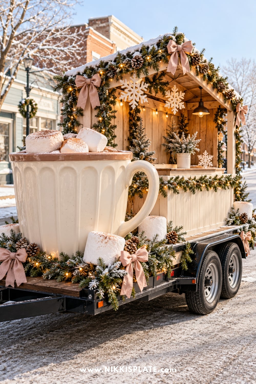 Hot cocoa stand float with an oversized mug, marshmallow props and Christmas greenery