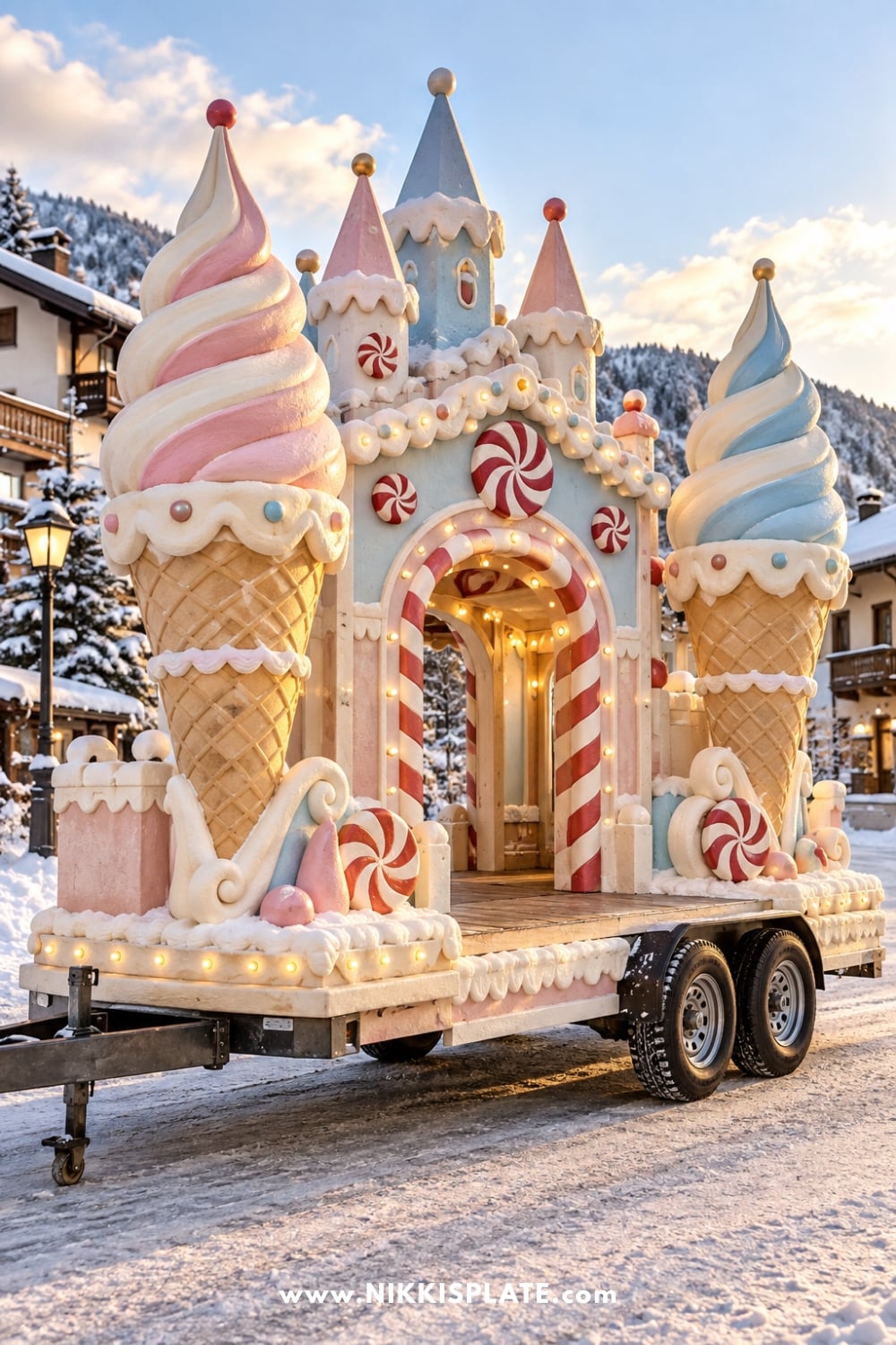 Pastel candy castle float with two giant ice cream cones and peppermint decorations