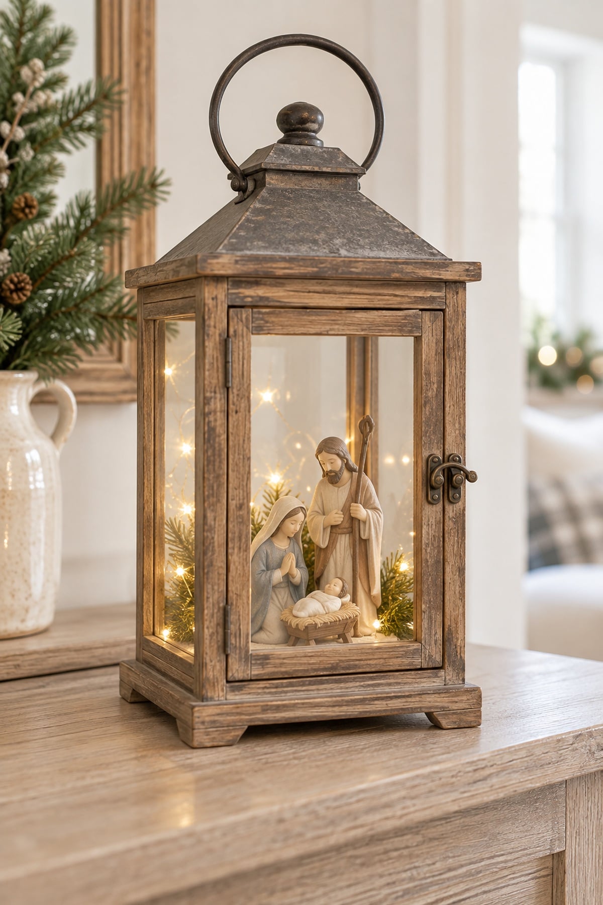 Rustic wooden Christmas lantern displaying Mary, Joseph, and baby Jesus, with warm fairy lights behind the nativity figures.