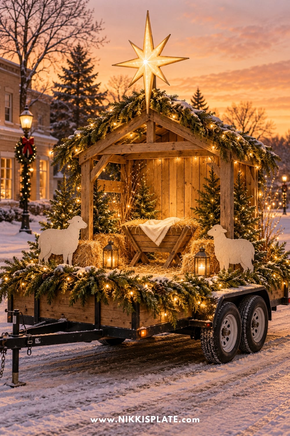 Nativity-inspired stable float with a glowing star, empty manger and sheep cutouts